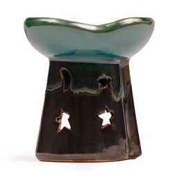 Ceramic Aroma Burner - 4" Black Teal Square with Moon and Star Cutouts