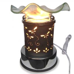Electric Aroma Burner - 5" Black with White Cutouts of Butterflies with Clear Dish & Touch Dimmer