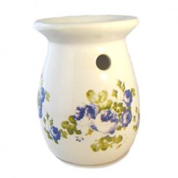 Ceramic Aroma Burner - 4.75" White Round Diffuser with Blue Flower Design