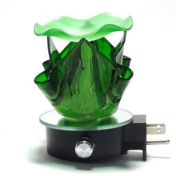 Electric Aroma Burner - 4.5" Green Glass Flame Diffuser Night Light with Green Dish and Dimmer